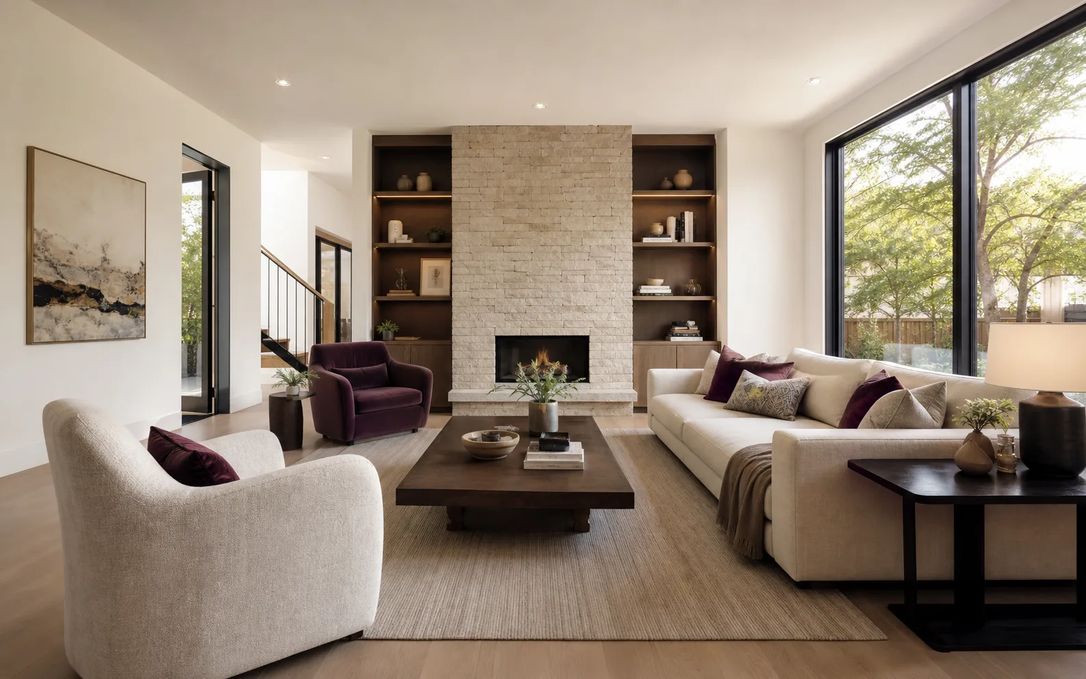 Warm contemporary living room prepared as professional listing media